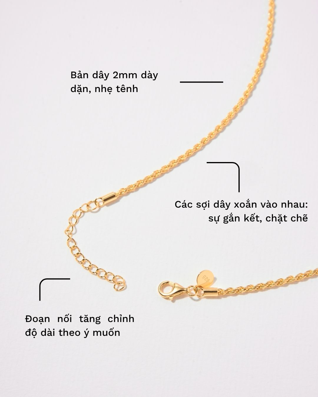 DÂY CHUYỀN ROPE CHAIN XOẮN THỪNG 2MM VÀNG VERMEIL 16K CAO CẤP