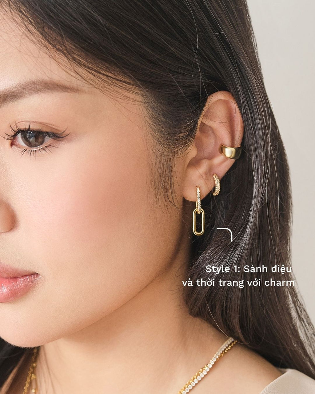 KHUYÊN TAI RƠI ĐÍNH ĐÁ PERLAMUSE VÀNG VERMEIL 16K KYLIE ĐEO 2 KIỂU