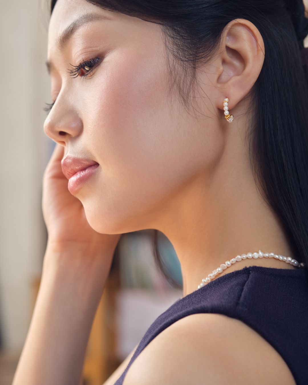 KHUYÊN TAI PERLAMUSE VÀNG VERMEIL 16K CATHY NGỌC TRAI MINI TỰ NHIÊN NƯỚC NGỌT