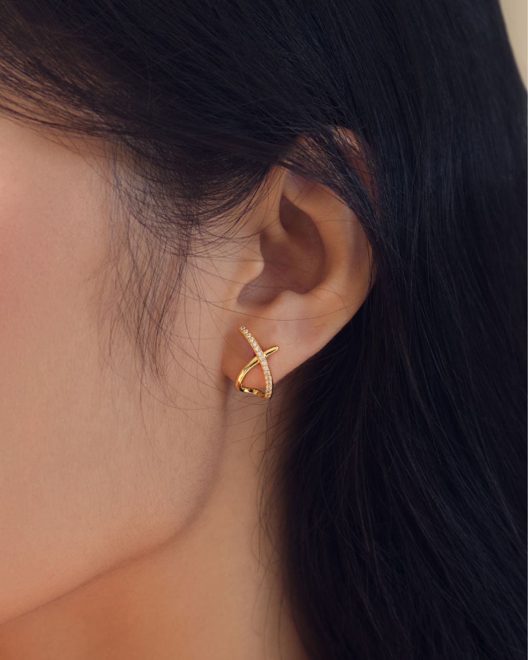 KHUYÊN TAI ĐINH TÁN PERLAMUSE  VÀNG VERMEIL 16K ĐÍNH ĐÁ - X STUD 