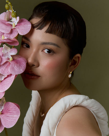 KHUYÊN TAI PERLAMUSE VÀNG VERMEIL 16K NGỌC TRAI BOLD STUD